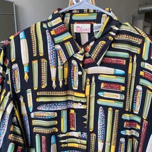 VINTAGE “Riva” 100% Silk Fountain Pen Print Button Down Blouse